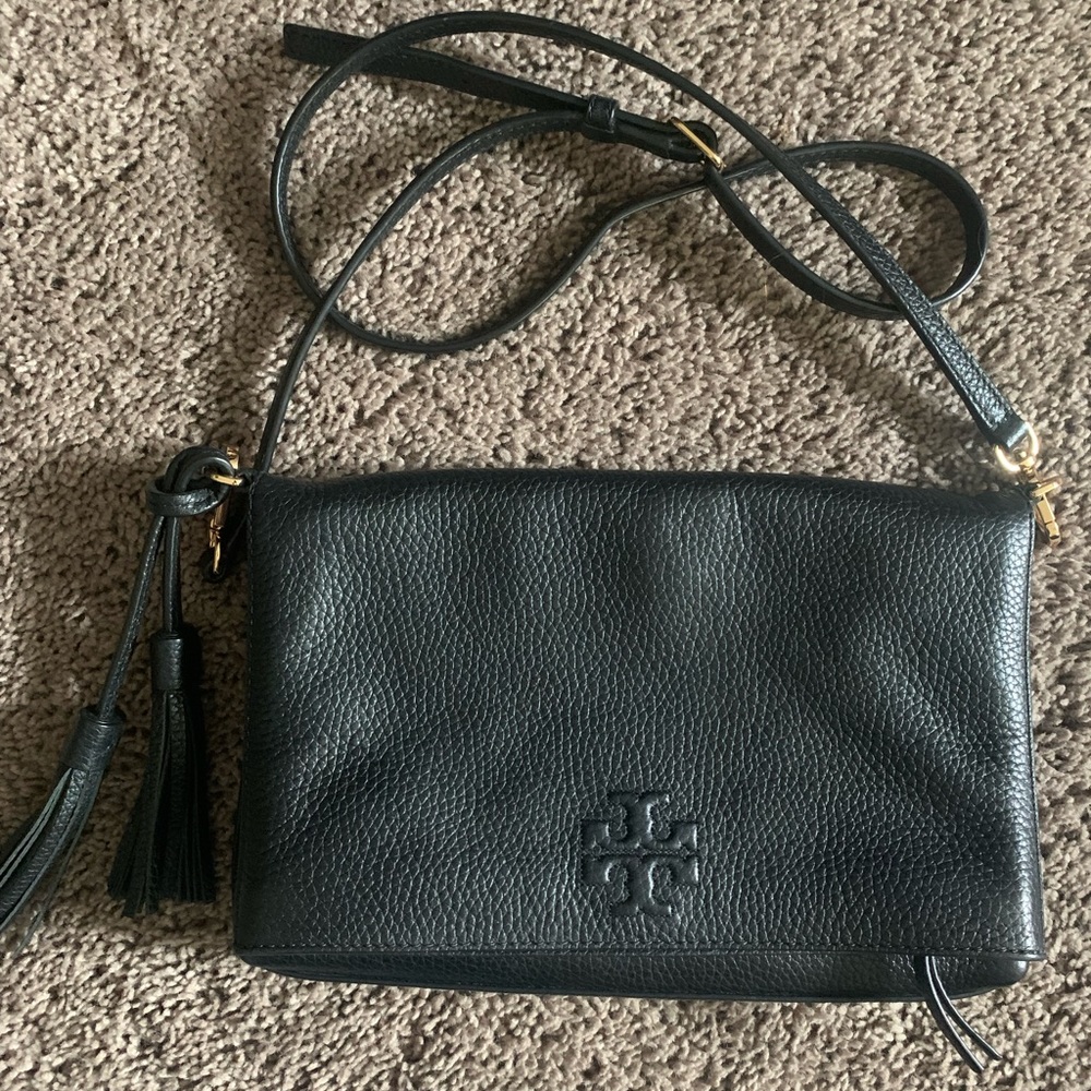 Tory Burch Thea foldover crossbody black tassels